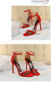 Thin heel sandals featuring secure ankle strap and buckle
