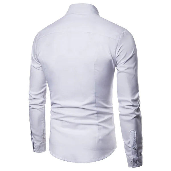 Elegant men's designer dress shirts in black and white, perfect for weddings and formal events, featuring a turn-down collar.