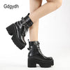 Gothic Edge black platform boots with metal chain detail and side zipper