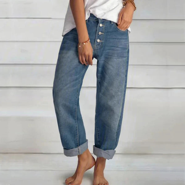 Women's wide leg high-waist jeans in soft cotton denim with retro button fly