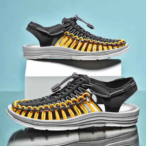 Men's artisan footwear with handwoven breathable upper and cushioned insole