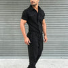 Men's Casual One-Piece Fashion Jumpsuit with Belt in breathable polyester, perfect for spring and summer style and comfort.