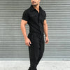 Men's casual one-piece fashion jumpsuit with belt, breathable polyester, button fly closure, perfect for spring and summer.