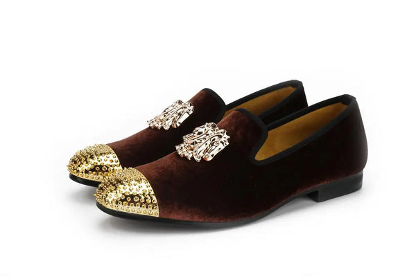 Comfortable and stylish gold toe velvet loafers for modern men.