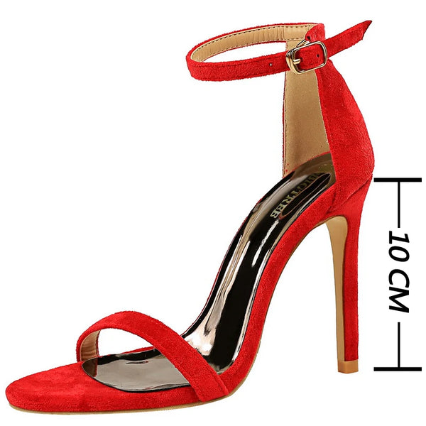 Evening sandals with adjustable ankle strap and stiletto heel
