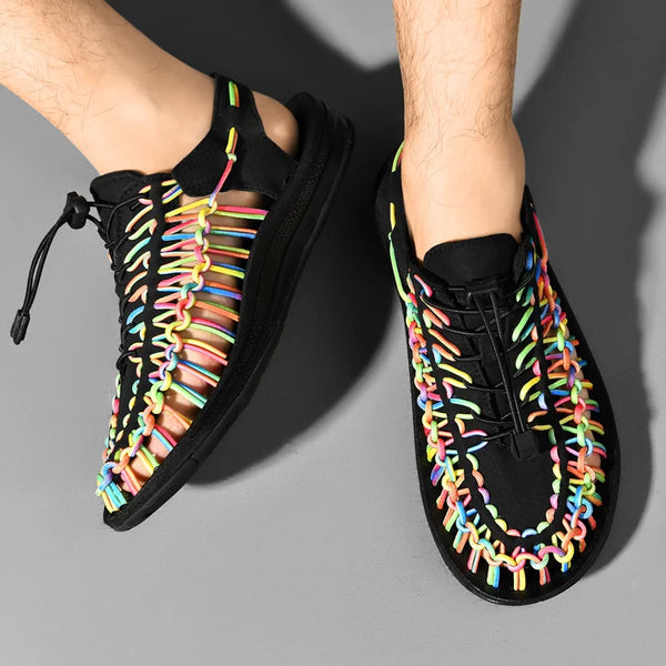 Breathable handwoven beach footwear with cotton lining and flat heel design