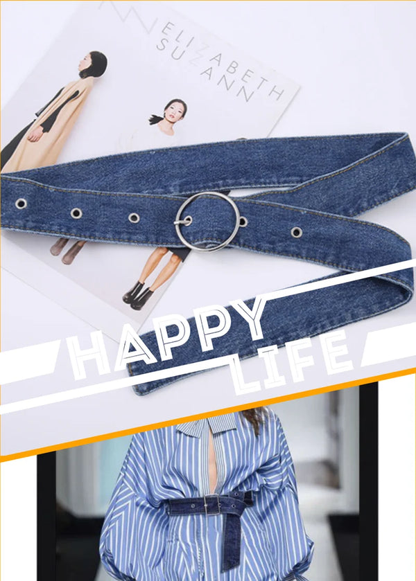 Chic wide denim belt with pin buckle for women, perfect for casual and semi-formal outfits, enhancing your silhouette.
