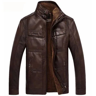 Elegant men's faux leather jacket with fleece lining, mandarin collar, and zipper closure for stylish winter warmth.