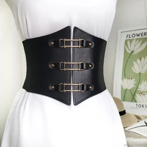 Chic wide corset belt for women in black PU leather, perfect for body sculpting and stylish waist support.