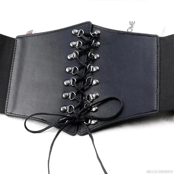 Chic wide corset belt for women in black PU leather, perfect for body sculpting and stylish waist support.