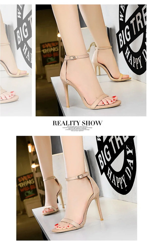 Wedding guest sandals featuring hollow suede and thin heel