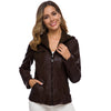Chic hooded faux leather jacket for women in black, perfect for autumn and winter, featuring a detachable hood and functional