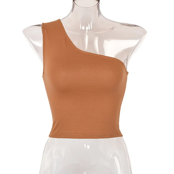 High-stretch backless tank with contemporary asymmetric edge design