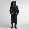 Men's hooded fleece-lined winter trench coat in black, featuring a mandarin collar and open stitch closure for easy layering.