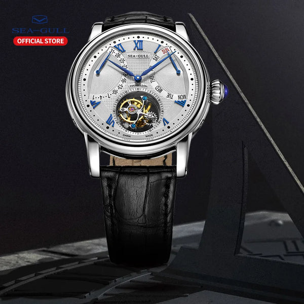 Water-resistant Seagull ST8004ZS watch displayed against a backdrop of water, showcasing reliability.