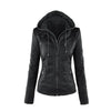 Chic hooded faux leather jacket for women in black, perfect for autumn and winter, featuring a detachable hood and functional
