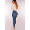 High-waist stretch skinny jeans for women in light vintage wash, featuring a button fly and slim fit for stylish comfort.