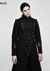 Gothic military wool coat in black with metal buttons and turtleneck collar.