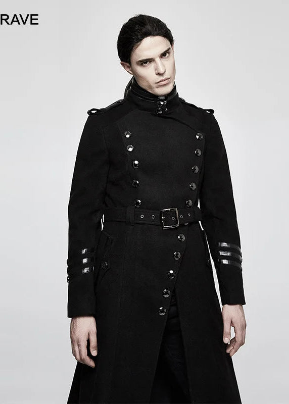 Gothic military wool coat in black with metal buttons and turtleneck collar.