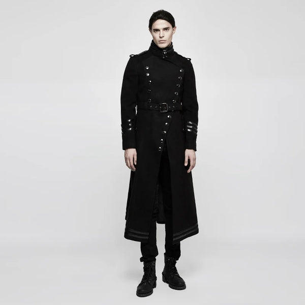 Model wearing the Gothic Military Wool Coat with detachable belt and dramatic hem.