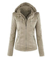 Chic hooded faux leather jacket for women in black, perfect for autumn and winter, featuring a detachable hood and zip-up clo