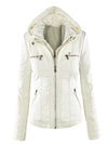 Chic hooded faux leather jacket for women in black, perfect for autumn and winter, featuring a detachable hood and functional