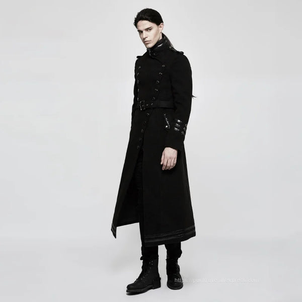 Close-up of the double-breasted closure and exquisite metal buttons on the coat.
