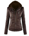 Chic hooded faux leather jacket for women in black, perfect for autumn and winter, featuring a detachable hood and zip-up clo