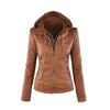 Chic hooded faux leather jacket for women in black, perfect for autumn and winter, featuring detachable hood and functional p
