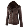Chic hooded faux leather jacket for women in black, perfect for autumn and winter, featuring a detachable hood and zip-up clo