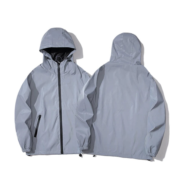 Men's reflective night vision hooded windbreaker, stylish and functional for evening wear and outdoor activities.