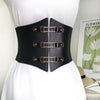 Chic wide corset belt for women in black PU leather, perfect for body sculpting and stylish outfit enhancement.