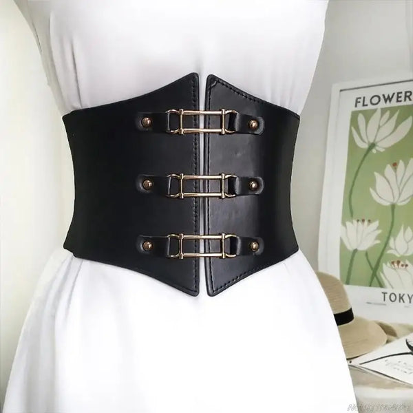 Chic wide corset belt for women in black PU leather, perfect for body sculpting and stylish outfit enhancement.