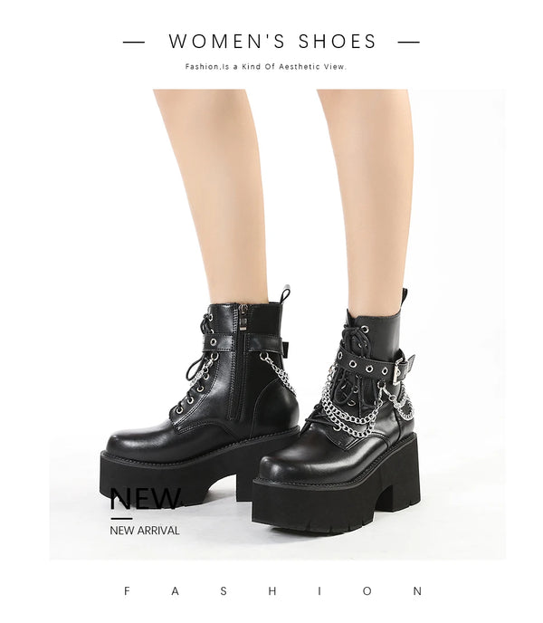 Black PU platform boots with decorative metal chains and side zipper entry