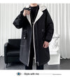 Hooded men's winter trench coat, thick fleece-lined jacket for warmth, stylish urban clothing, available in sizes S-3XL.