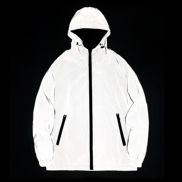 Men's reflective night vision hooded windbreaker, stylish and functional for evening wear and outdoor activities.