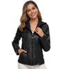 Chic hooded faux leather jacket for women in black, perfect for autumn and winter with a stylish zip-up design and functional