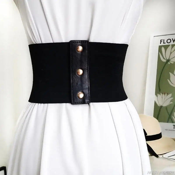 Chic wide corset belt for women in black PU leather, perfect for body sculpting and stylish waist support.