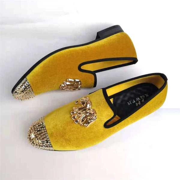 Stylish gold toe velvet loafers for men, perfect for formal wear.