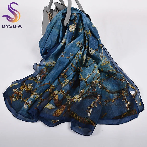 Autumn Whisper silk scarf styled in a loose knot, demonstrating effortless elegance.