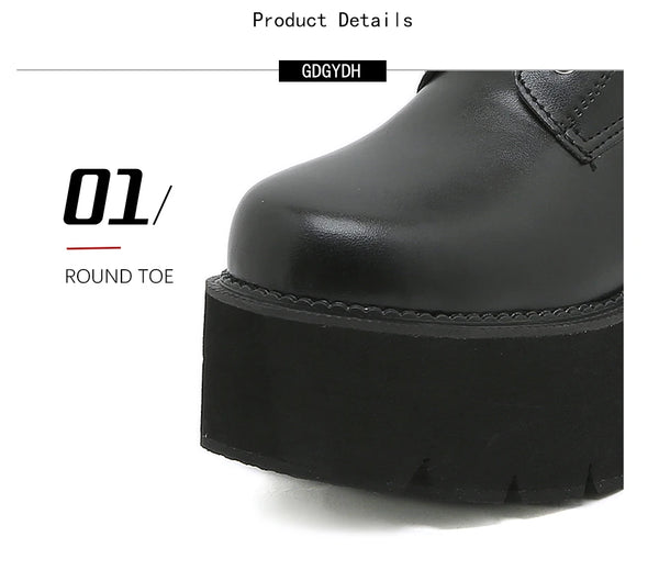 Square heel platform boots in black with industrial chain embellishment