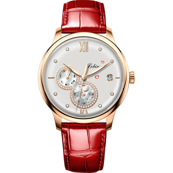 Close-up of the watch face highlighting the elegant timekeeping features.