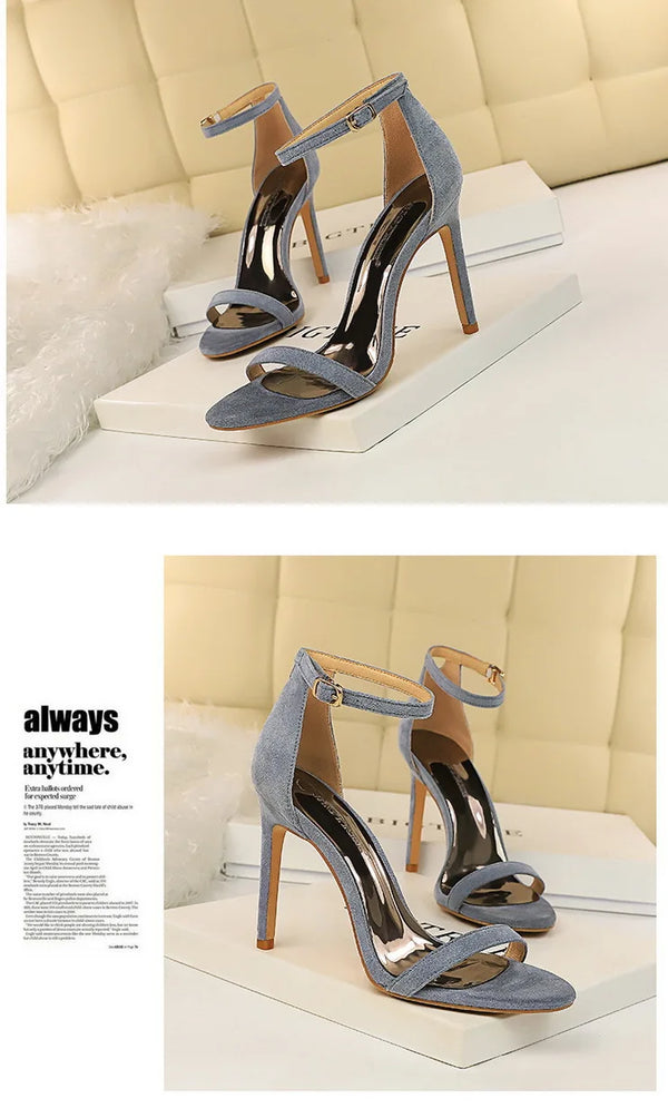 Runway inspired hollow suede stilettos with buckle detail