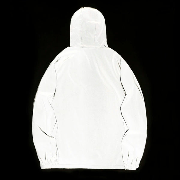 Men's reflective night vision hooded windbreaker, stylish and functional for evening wear and outdoor activities.