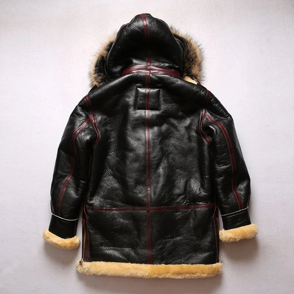 Zippered pockets on the luxury men's shearling leather bomber jacket.