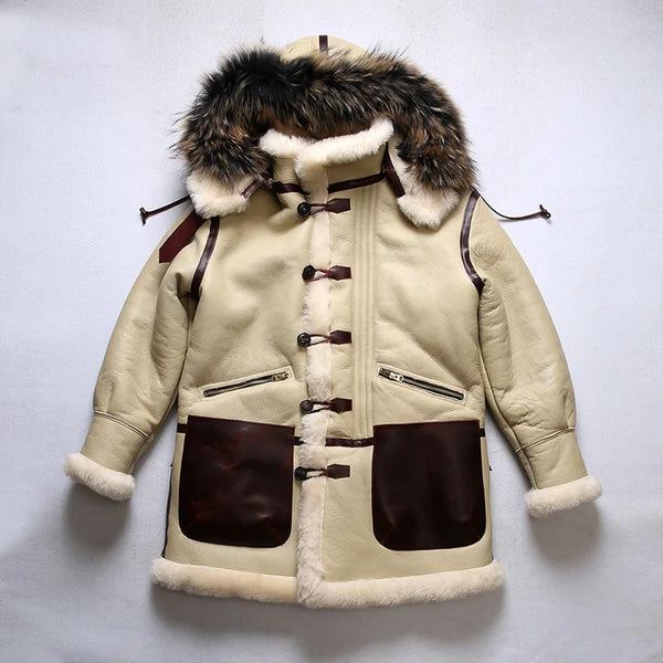 Turn-down collar detail of the men's shearling leather bomber jacket.