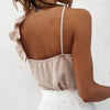 Chic Summer V-Neck Ruffle Blouse for women, sleeveless chiffon top with spaghetti straps, perfect for casual or office wear.