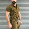 Men's casual one-piece fashion jumpsuit with belt, breathable polyester, button fly closure, perfect for spring and summer.