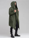 Men's hooded fleece-lined winter trench coat in black, featuring a mandarin collar and open stitch closure for stylish warmth
