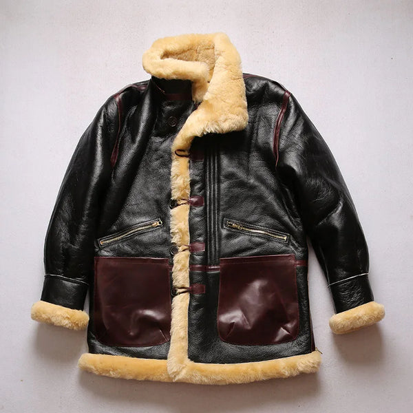 Close-up of the plush shearling lining in the bomber jacket.